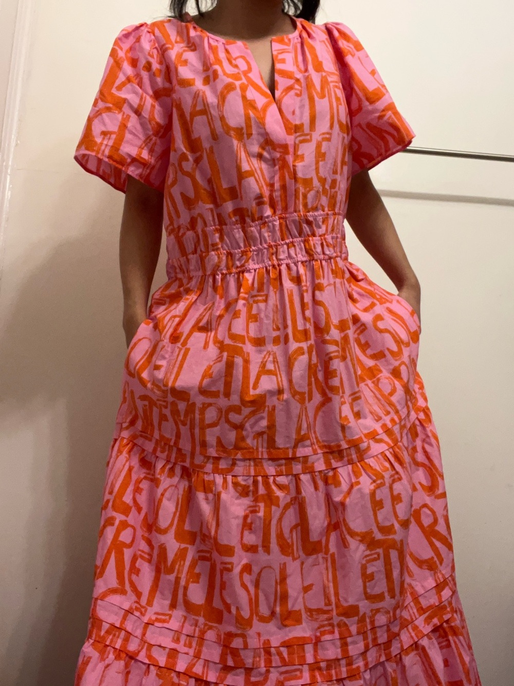 MY26 Anthropologie The Somerset Maxi Dress in pink with orange French writing - Picture 3 of 8